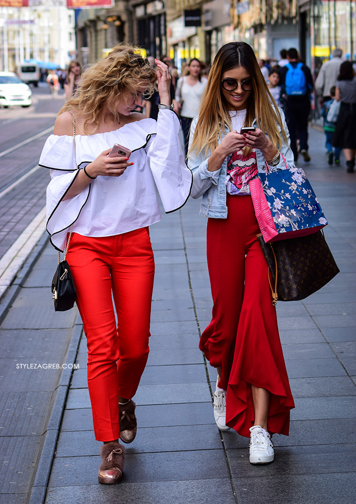 zagrebačka špica proljetna moda street style kako nositi crvene zvonolike hlače trapez styling