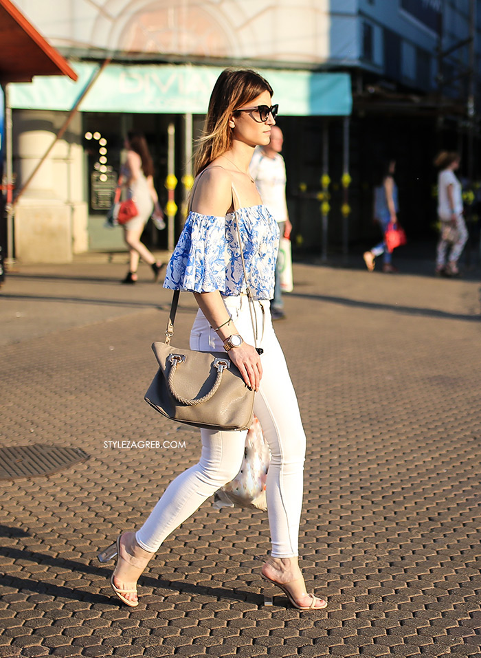 street style zagreb špica ljetna moda bijele uske hlače i off the shoulder top styling