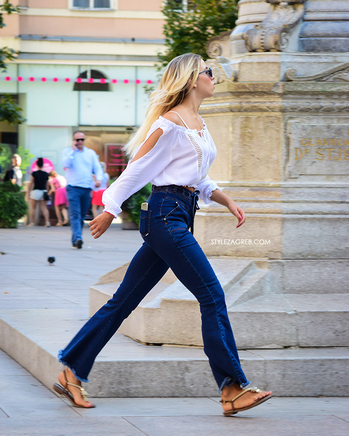 Street Style Zagreb Ljetni Traper Raport street style 2017 široke traperice i bijeli top s čipkom, cvjetni trg snimanje street style