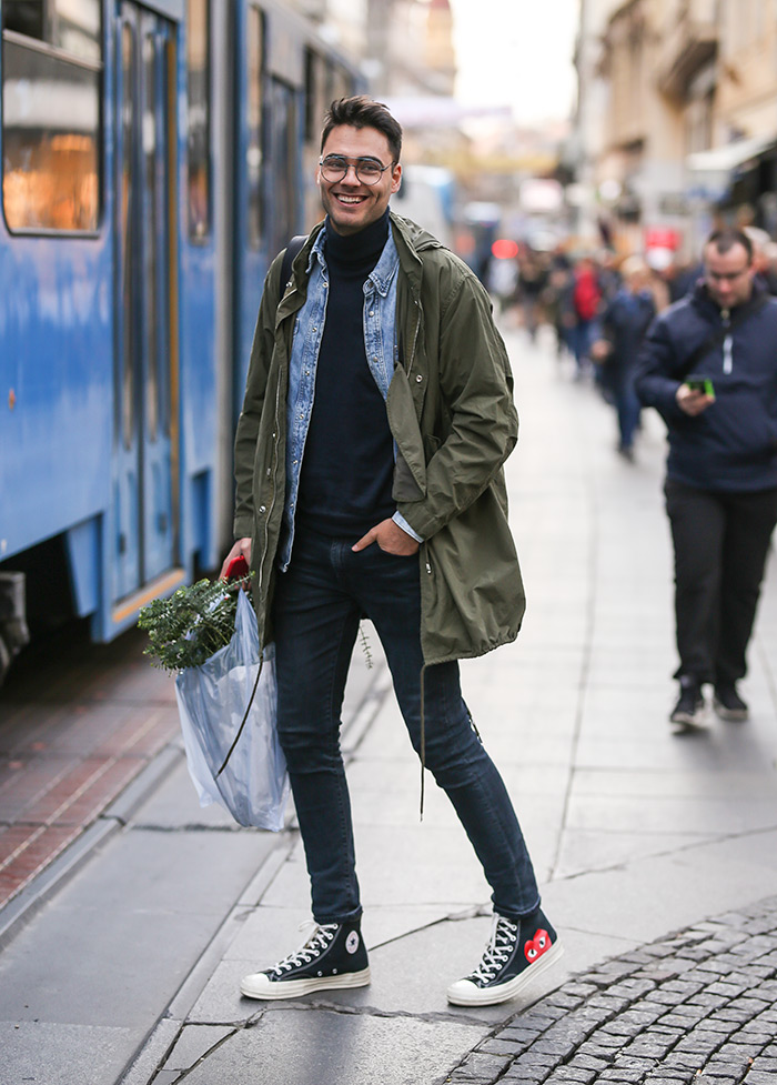 zagrebačka špica street style muška moda hit top tenisice <strong>Marko Medić</strong>, poznatiji kao lifestyle blogger www.instagram.com @ father_of_djordje nosi model tenisica COMME des GARÇONS PLAY x Converse Chuck Taylor All Star '70 